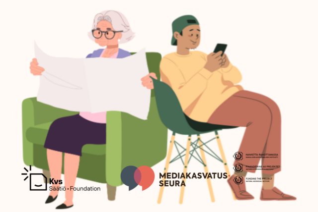 Nuori miesoletettu istuu kevyellä tuolilla tuijottaen kännykkää. Vieressa ikääntynyt harmaatukkainen naisoletettu istuu nojatuolissa lukiean paperilehteä.