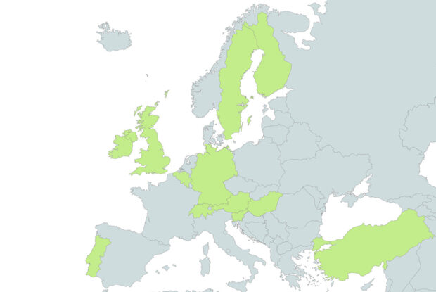 euroopan kartta, jossa osa maista korostettu vihreällä