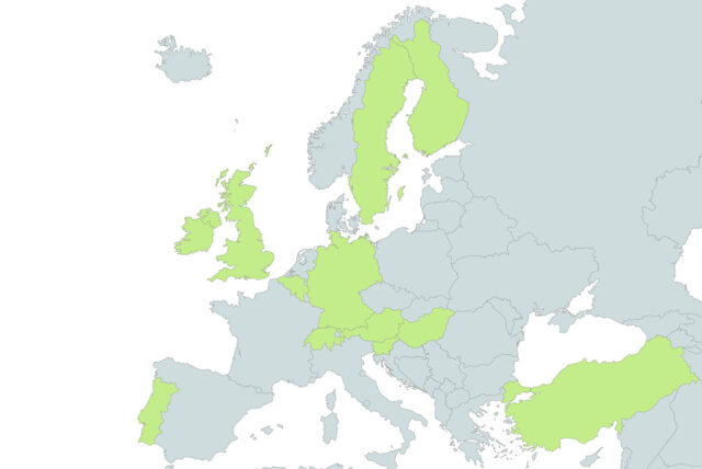 euroopan kartta, jossa osa maista korostettu vihreällä