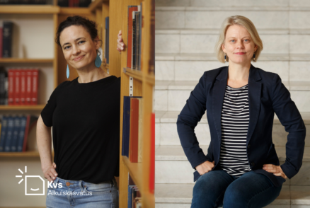 Kahdesta puolivartalokuvasta koostetussa kuvassa kaksi naisoletettua rinnakkain akateemisuuteen viittaavasssa tilassa.